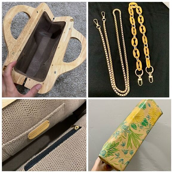 Free Small Clutch With Handmade Genuine Leather Floral Embossed Wooden Frame Bag - Picture 15 of 15